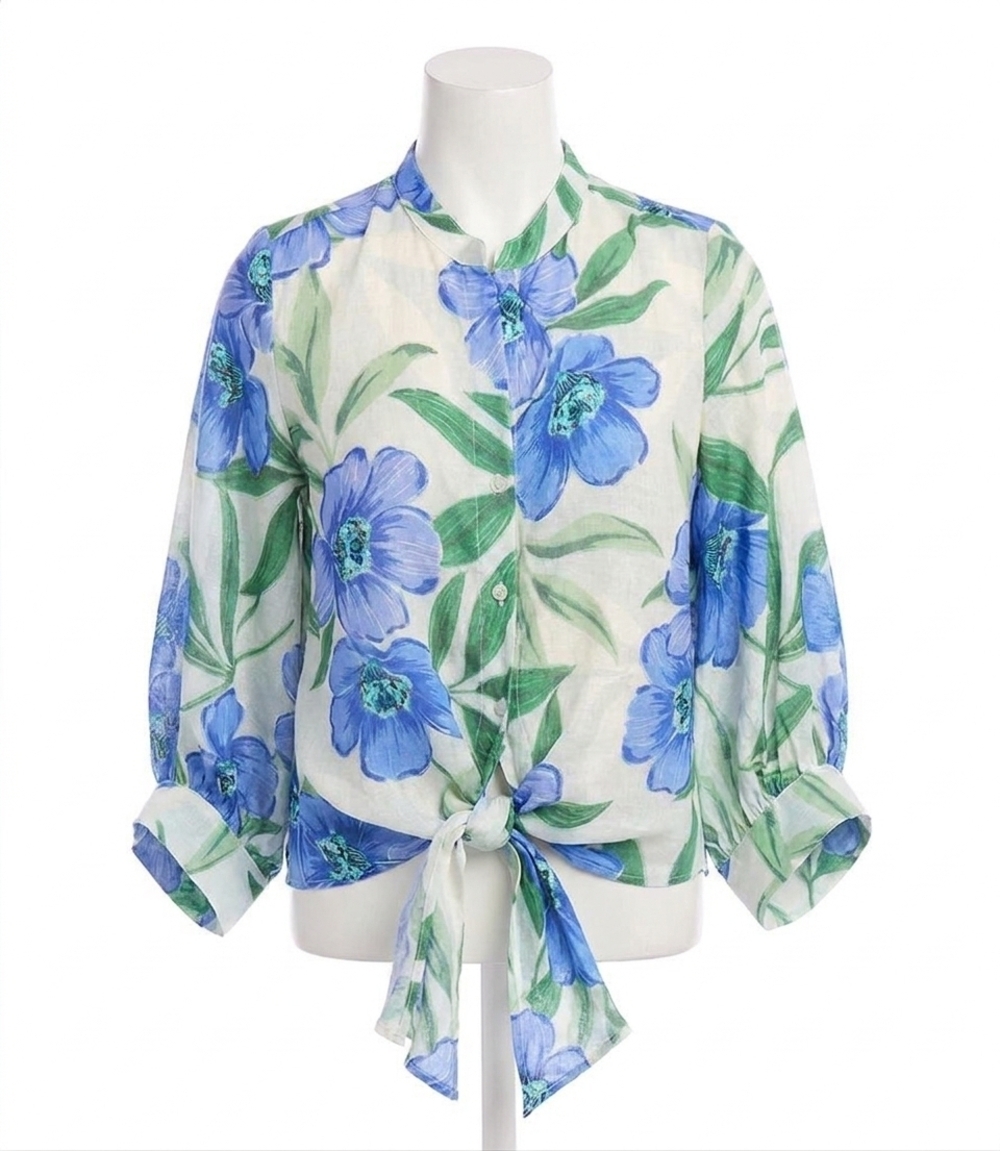 NEW KAREN KANE fallon floral print tie front top in blue